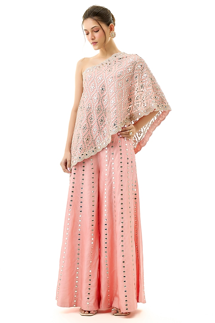 Pink Tussar Mirror Embroidered Flared Pant Set by GOPI VAID at Pernia's Pop Up Shop