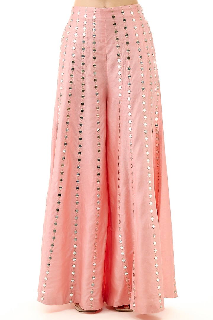 Pink Tussar Mirror Embroidered Flared Pant Set by GOPI VAID at Pernia's Pop Up Shop