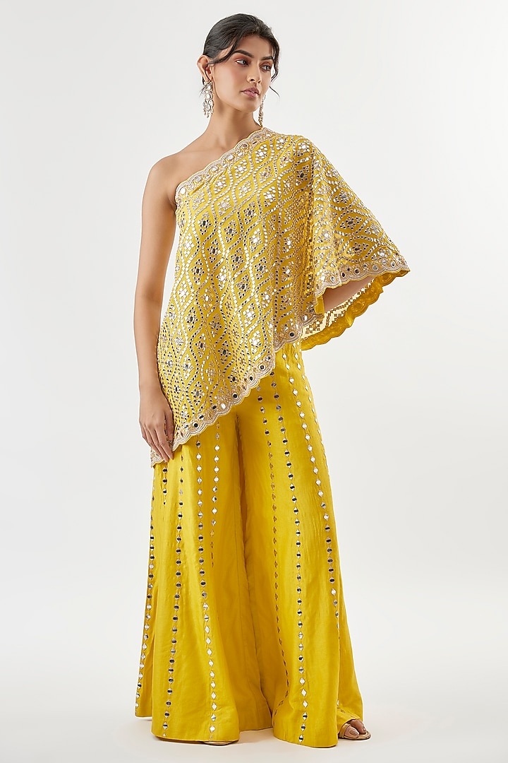 Yellow Tussar Mirror Embroidered Flared Trouser Set by Gopi Vaid at Pernia's Pop Up Shop