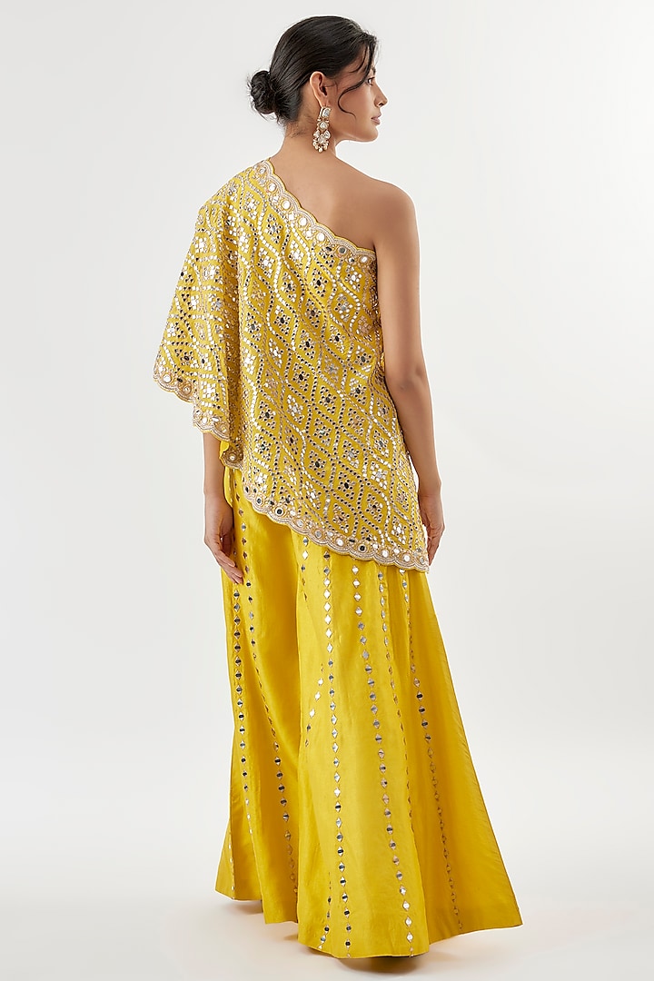 Yellow Tussar Mirror Embroidered Flared Trouser Set by Gopi Vaid at Pernia's Pop Up Shop