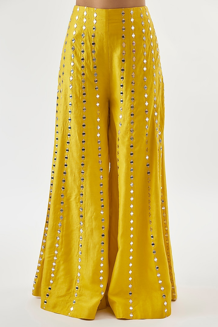 Yellow Tussar Mirror Embroidered Flared Trouser Set by Gopi Vaid at Pernia's Pop Up Shop