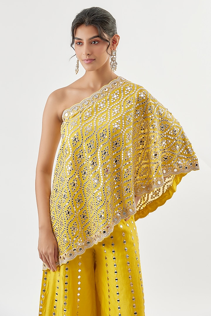 Yellow Tussar Mirror Embroidered Flared Trouser Set by Gopi Vaid at Pernia's Pop Up Shop