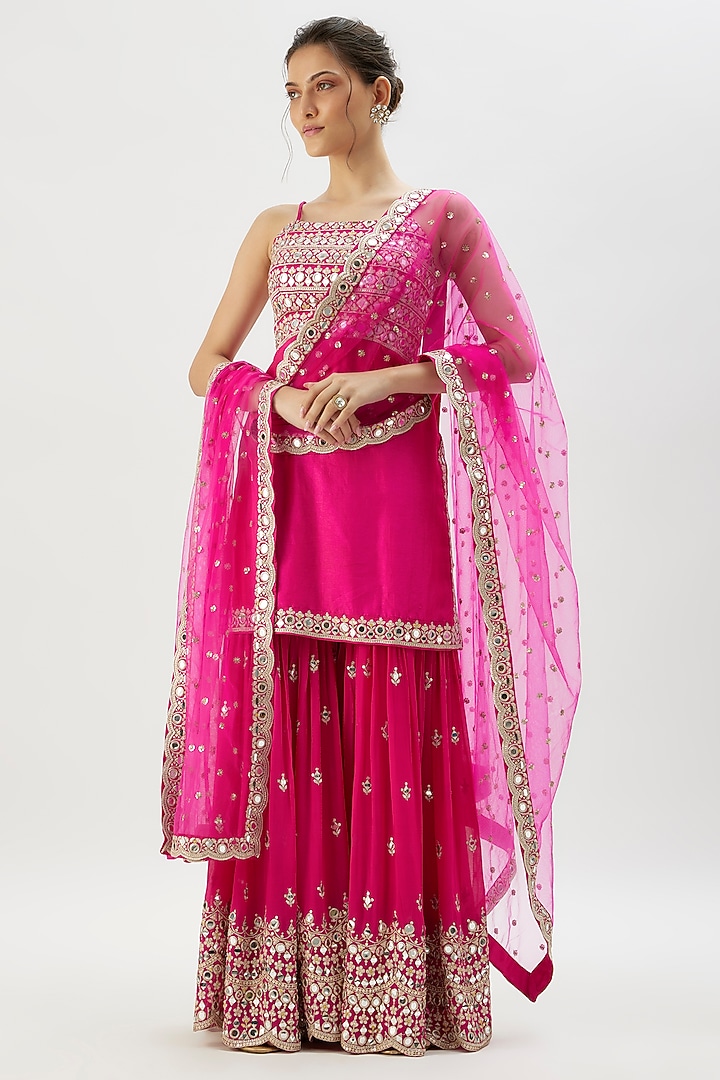 Pink Georgette Mirror Embroidered Wedding Sharara Set by Gopi Vaid at Pernia's Pop Up Shop