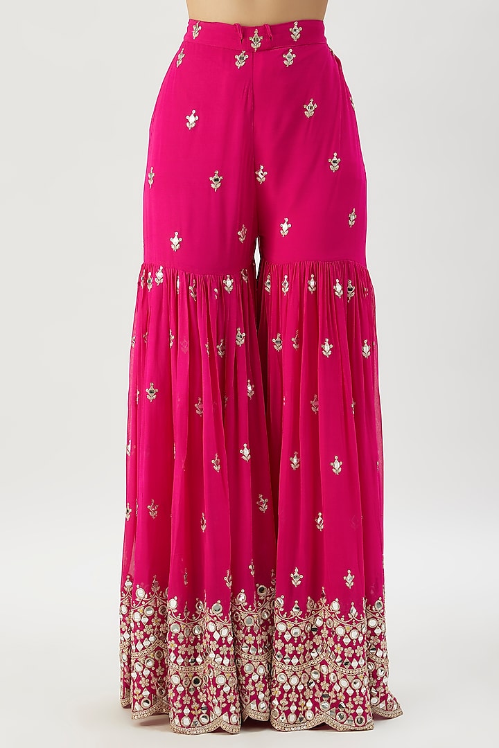 Pink Georgette Mirror Embroidered Wedding Sharara Set by Gopi Vaid at Pernia's Pop Up Shop