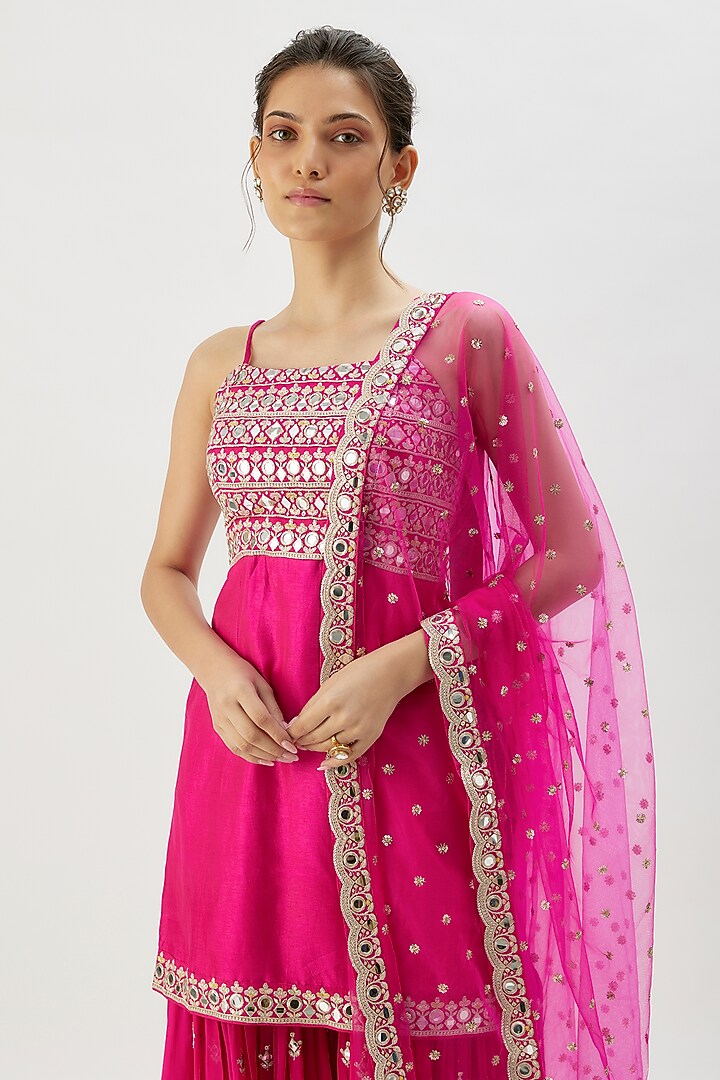 Pink Georgette Mirror Embroidered Wedding Sharara Set by Gopi Vaid at Pernia's Pop Up Shop