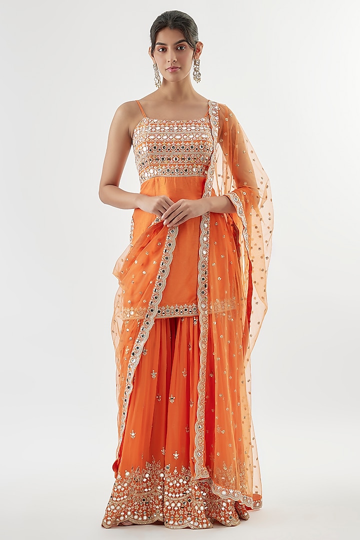 Orange Georgette Mirror Embroidered Wedding Sharara Set by Gopi Vaid at Pernia's Pop Up Shop
