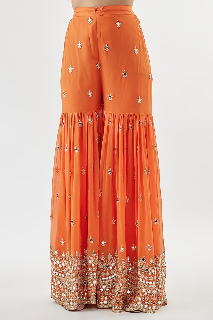 Orange Georgette Mirror Embroidered Wedding Sharara Set by Gopi Vaid at Pernia's Pop Up Shop