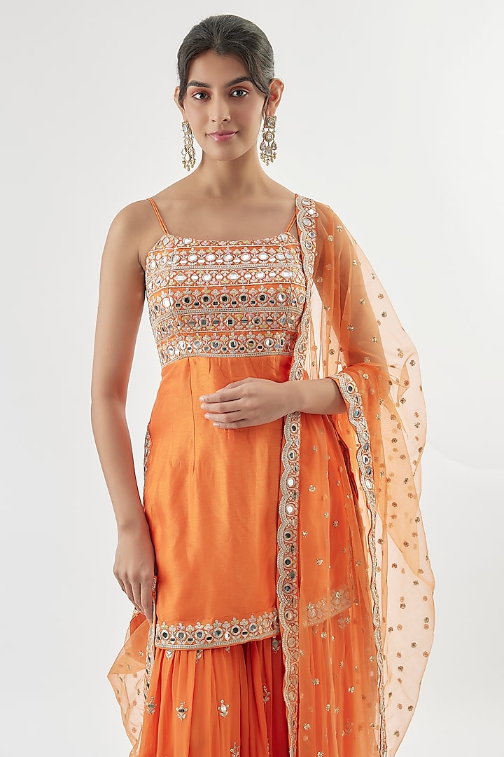 Orange Georgette Mirror Embroidered Wedding Sharara Set by Gopi Vaid at Pernia's Pop Up Shop