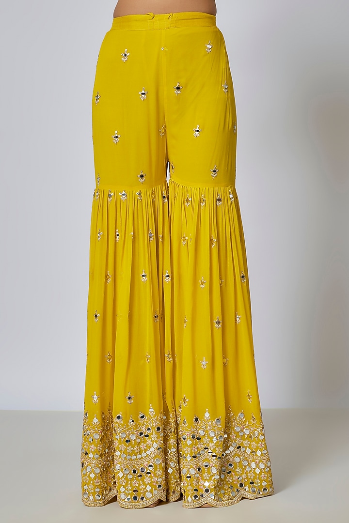 Yellow Georgette Embroidered Wedding Sharara Set by GOPI VAID at Pernia's Pop Up Shop