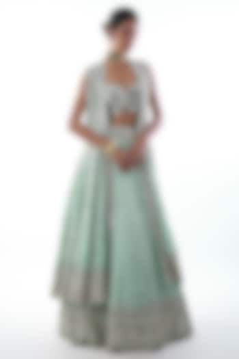 Blue Tussar Mirror Embellished Jacket Wedding Lehenga Set by Gopi Vaid at Pernia's Pop Up Shop