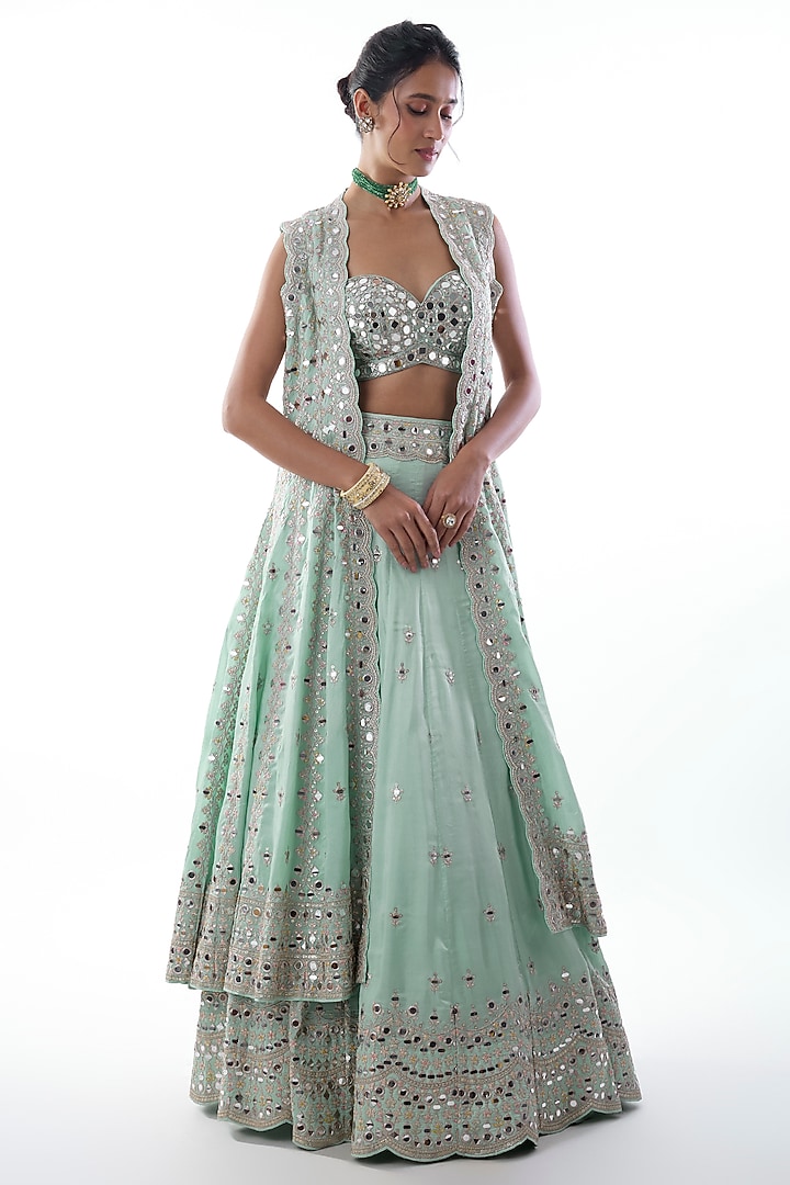 Blue Tussar Mirror Embellished Jacket Wedding Lehenga Set by Gopi Vaid at Pernia's Pop Up Shop