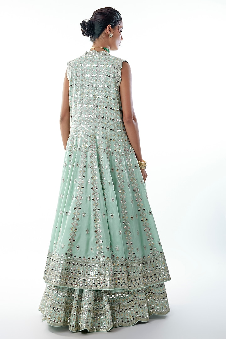 Blue Tussar Mirror Embellished Jacket Wedding Lehenga Set by Gopi Vaid at Pernia's Pop Up Shop