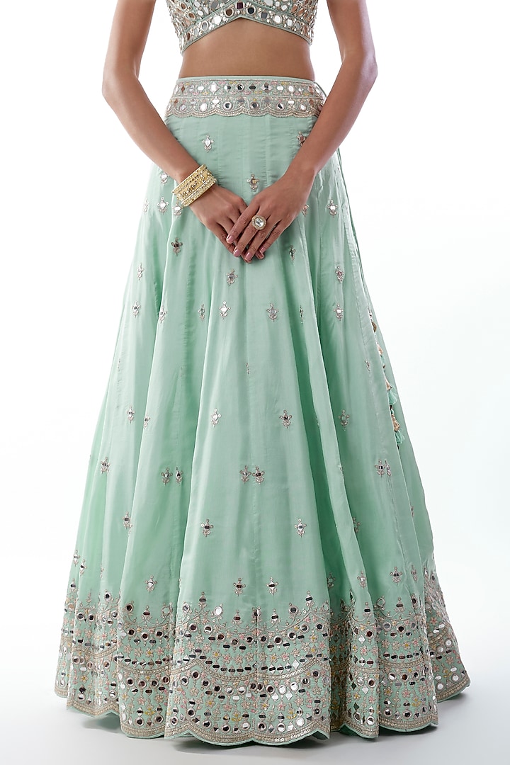 Blue Tussar Mirror Embellished Jacket Wedding Lehenga Set by Gopi Vaid at Pernia's Pop Up Shop