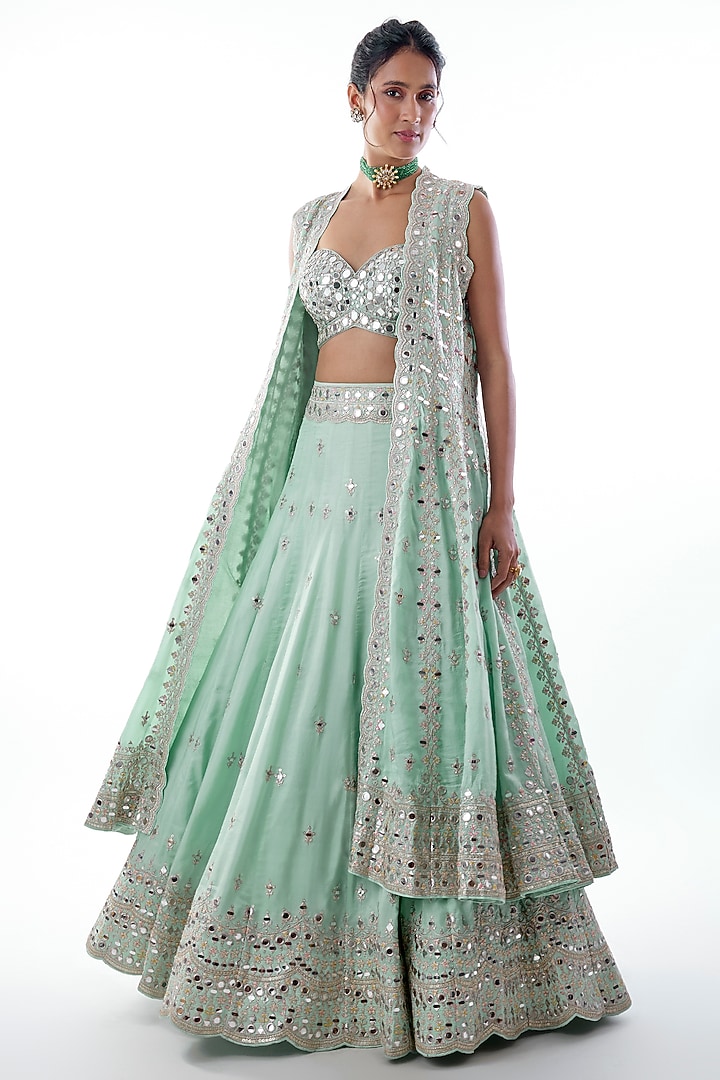 Blue Tussar Mirror Embellished Jacket Wedding Lehenga Set by Gopi Vaid at Pernia's Pop Up Shop