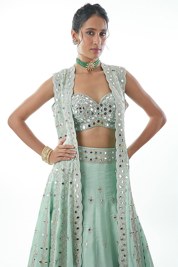 Blue Tussar Mirror Embellished Jacket Wedding Lehenga Set by Gopi Vaid at Pernia's Pop Up Shop