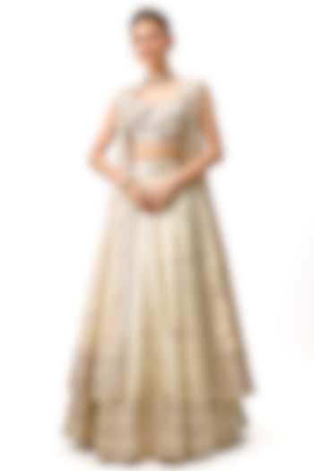 Ivory Tussar Mirror Hand Embroidered Jacket Wedding Lehenga Set by Gopi Vaid at Pernia's Pop Up Shop