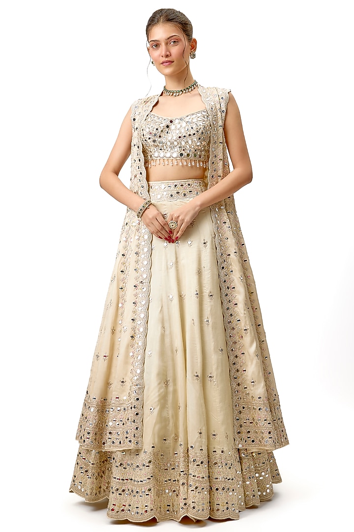Ivory Tussar Mirror Hand Embroidered Jacket Wedding Lehenga Set by Gopi Vaid at Pernia's Pop Up Shop