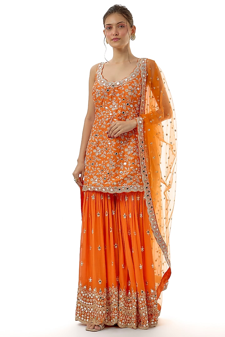 Orange Georgette Mirror Embellished Wedding Sharara Set by GOPI VAID at Pernia's Pop Up Shop