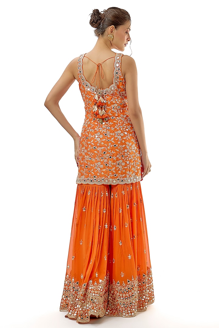 Orange Georgette Mirror Embellished Wedding Sharara Set by GOPI VAID at Pernia's Pop Up Shop