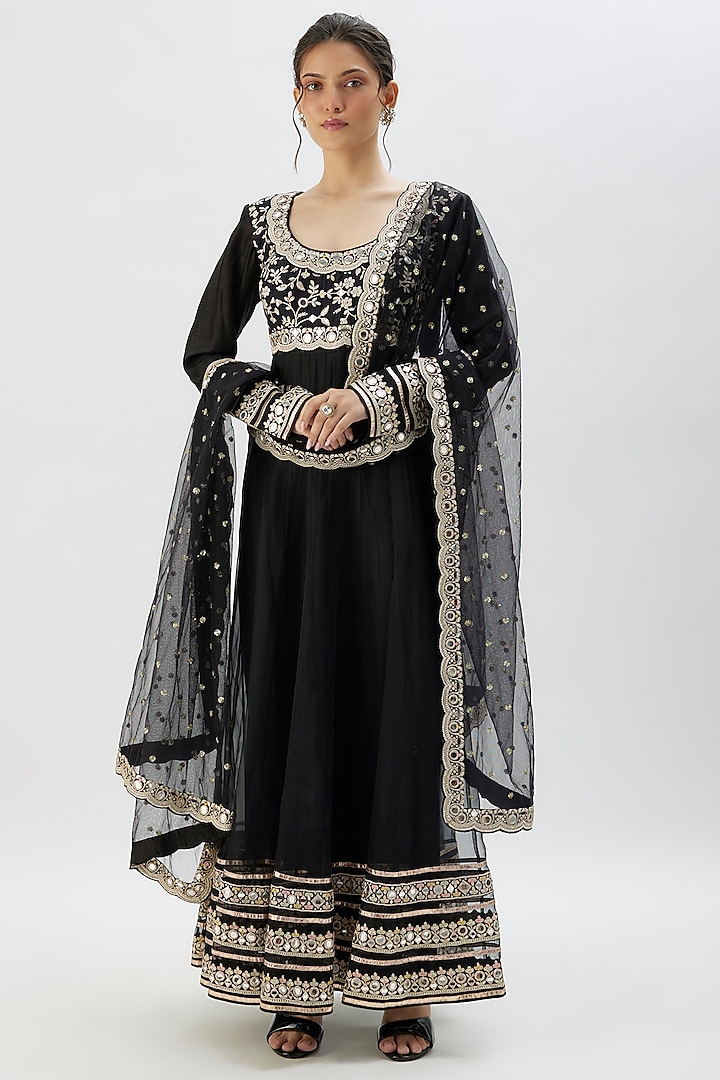 Black Tussar Mirror Embroidered Bridal Anarkali Set by Gopi Vaid at Pernia's Pop Up Shop