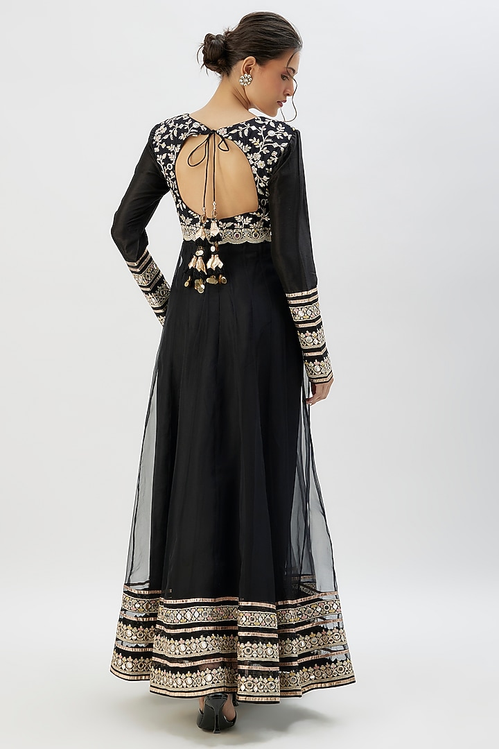Black Tussar Mirror Embroidered Bridal Anarkali Set by Gopi Vaid at Pernia's Pop Up Shop