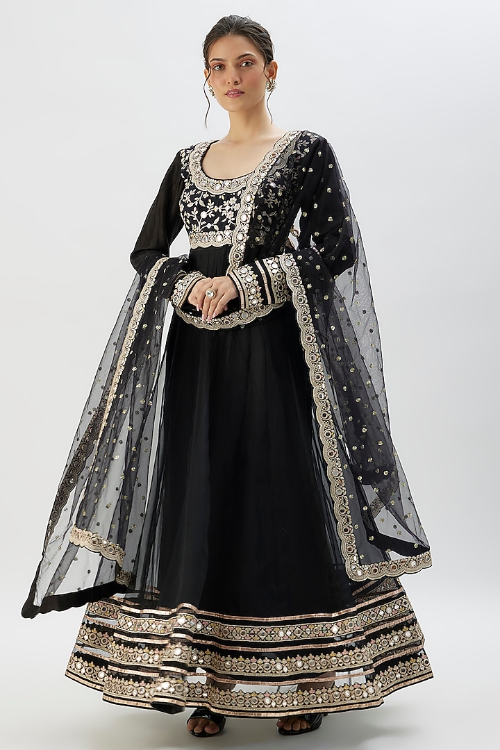Black Tussar Mirror Embroidered Bridal Anarkali Set by Gopi Vaid at Pernia's Pop Up Shop