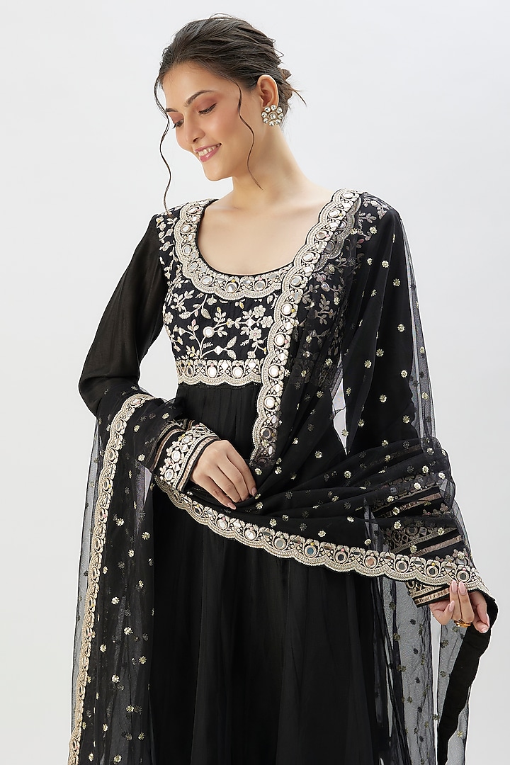 Black Tussar Mirror Embroidered Bridal Anarkali Set by Gopi Vaid at Pernia's Pop Up Shop