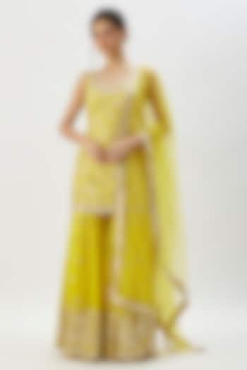 Yellow Georgette Mirror Embroidered Wedding Sharara Set by Gopi Vaid at Pernia's Pop Up Shop
