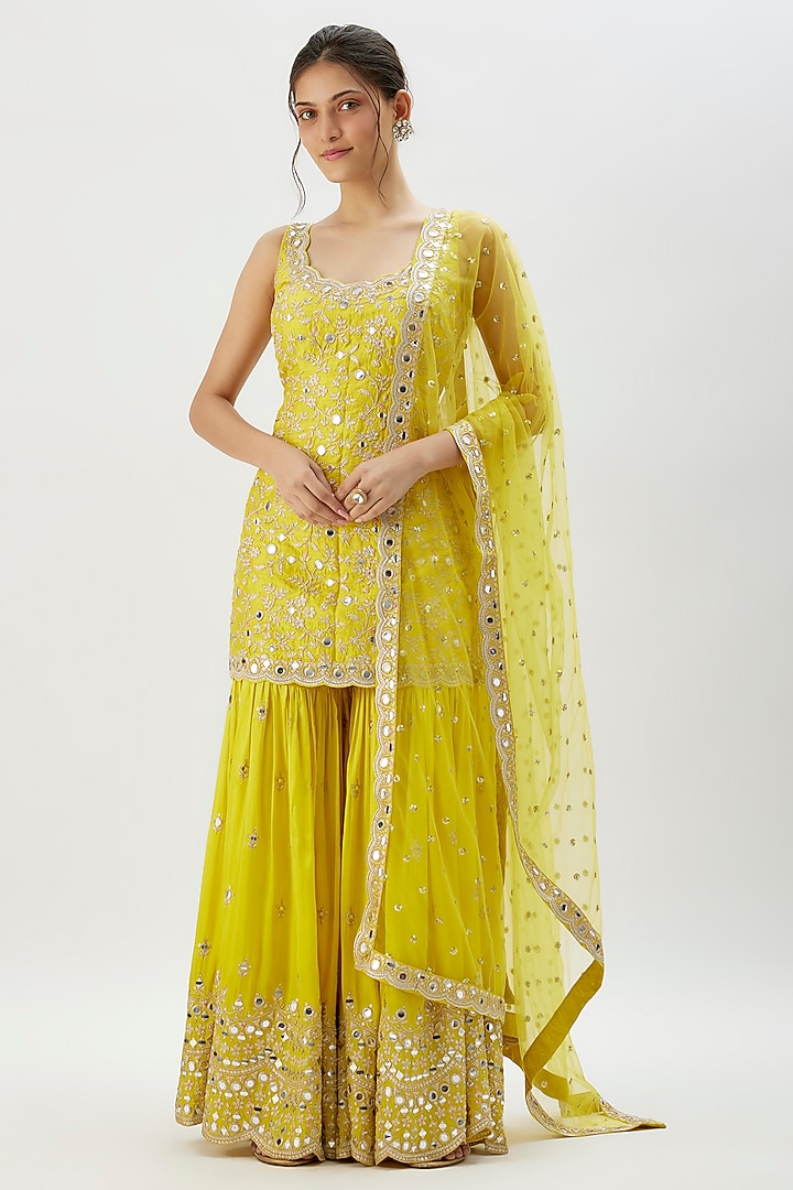 Yellow Georgette Mirror Embroidered Wedding Sharara Set by Gopi Vaid at Pernia's Pop Up Shop