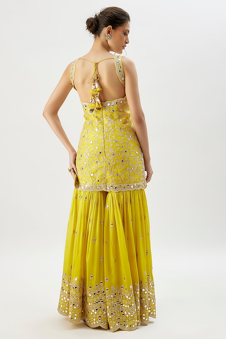 Yellow Georgette Mirror Embroidered Wedding Sharara Set by Gopi Vaid at Pernia's Pop Up Shop