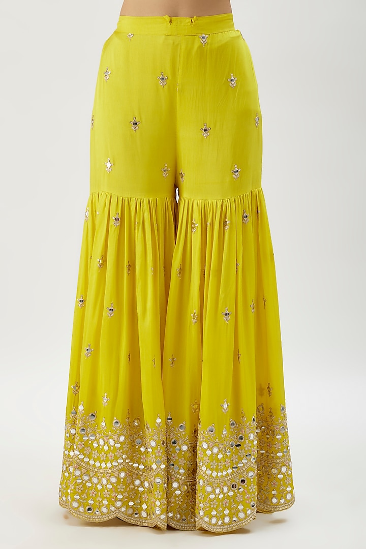 Yellow Georgette Mirror Embroidered Wedding Sharara Set by Gopi Vaid at Pernia's Pop Up Shop