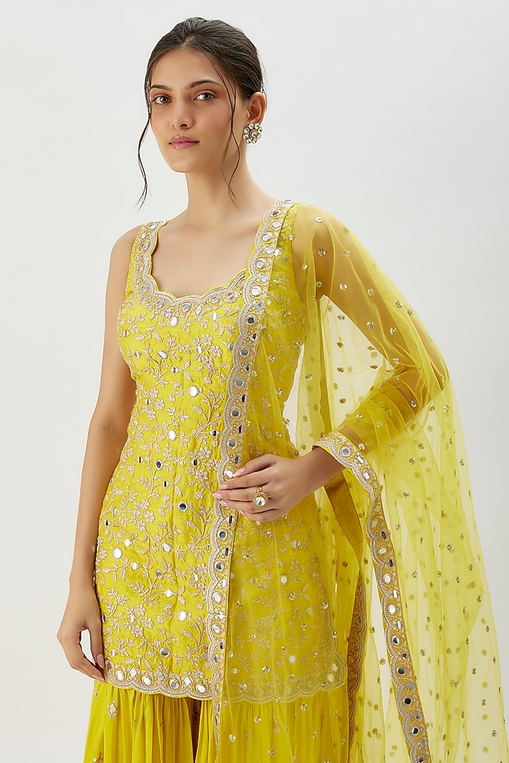 Yellow Georgette Mirror Embroidered Wedding Sharara Set by Gopi Vaid at Pernia's Pop Up Shop
