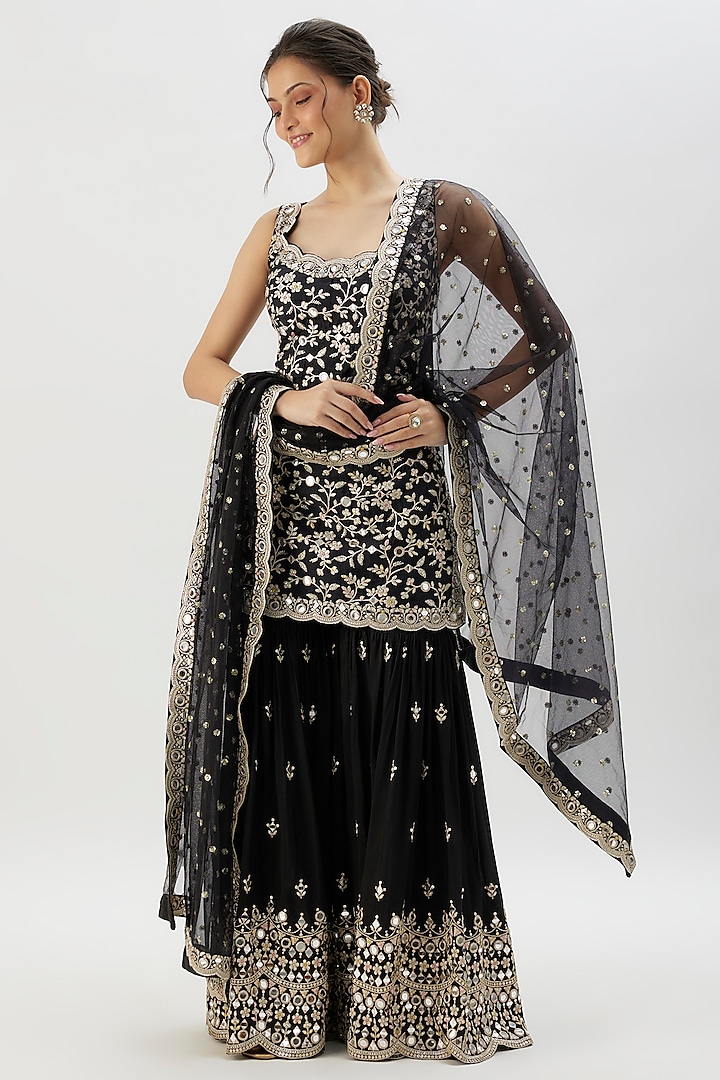 Black Georgette Mirror Embroidered Wedding Sharara Set by Gopi Vaid at Pernia's Pop Up Shop