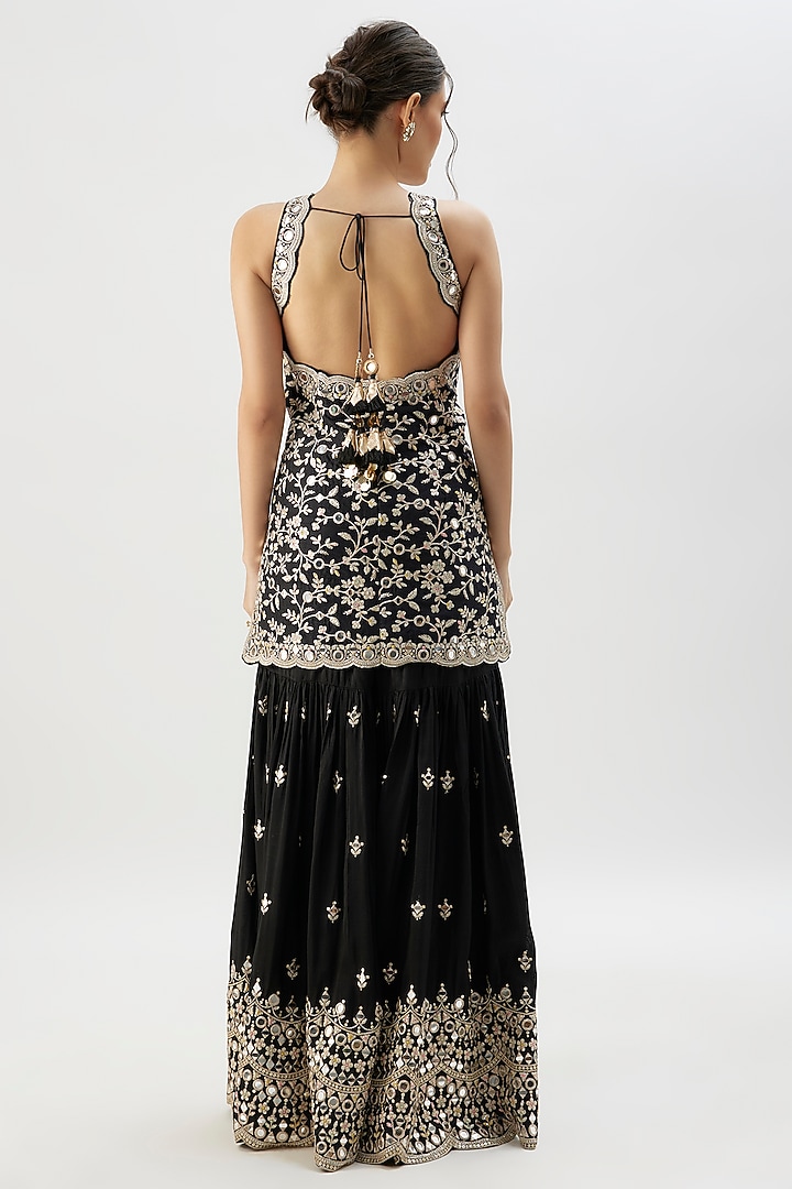 Black Georgette Mirror Embroidered Wedding Sharara Set by Gopi Vaid at Pernia's Pop Up Shop