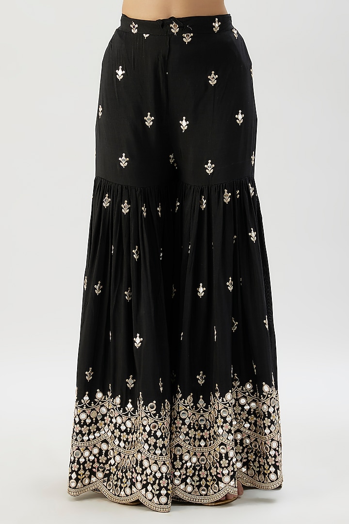 Black Georgette Mirror Embroidered Wedding Sharara Set by Gopi Vaid at Pernia's Pop Up Shop