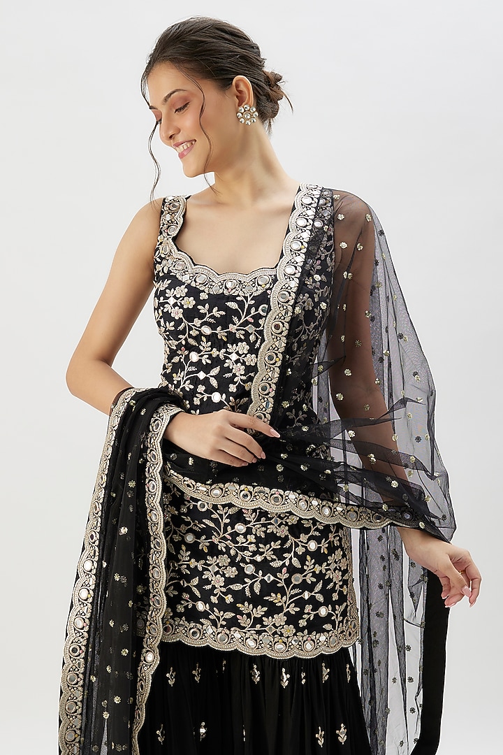 Black Georgette Mirror Embroidered Wedding Sharara Set by Gopi Vaid at Pernia's Pop Up Shop