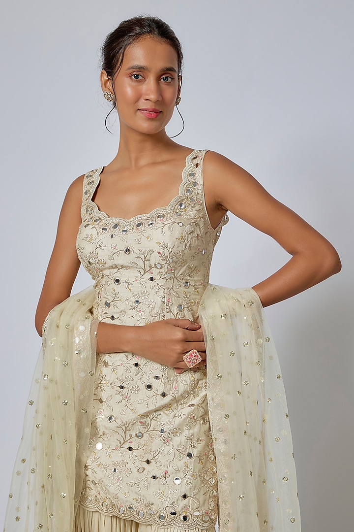 Ivory Georgette Embroidered Wedding Sharara Set by GOPI VAID at Pernia's Pop Up Shop