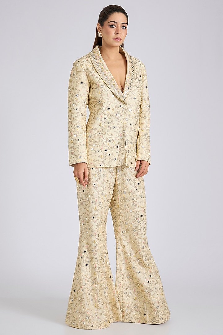 Ivory Tussar Floral Embroidered Blazer Set by GOPI VAID at Pernia's Pop Up Shop