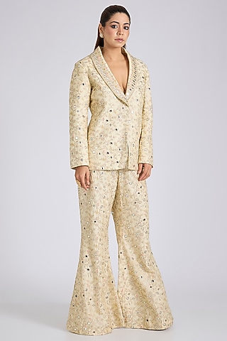 Ivory Tussar Floral Embroidered Blazer Set by GOPI VAID