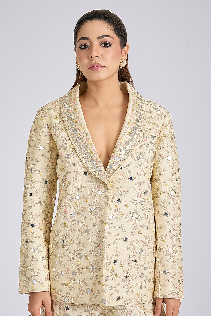 Ivory Tussar Floral Embroidered Blazer Set by GOPI VAID at Pernia's Pop Up Shop