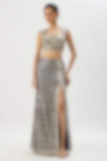 Blue Georgette Mirror Embroidered Slit Skirt Set by Gopi Vaid at Pernia's Pop Up Shop