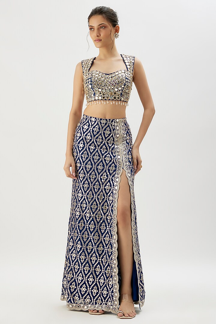 Blue Georgette Mirror Embroidered Slit Skirt Set by Gopi Vaid at Pernia's Pop Up Shop