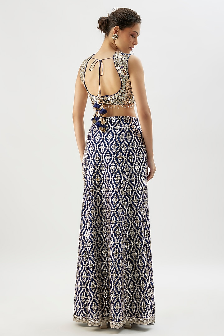 Blue Georgette Mirror Embroidered Slit Skirt Set by Gopi Vaid at Pernia's Pop Up Shop