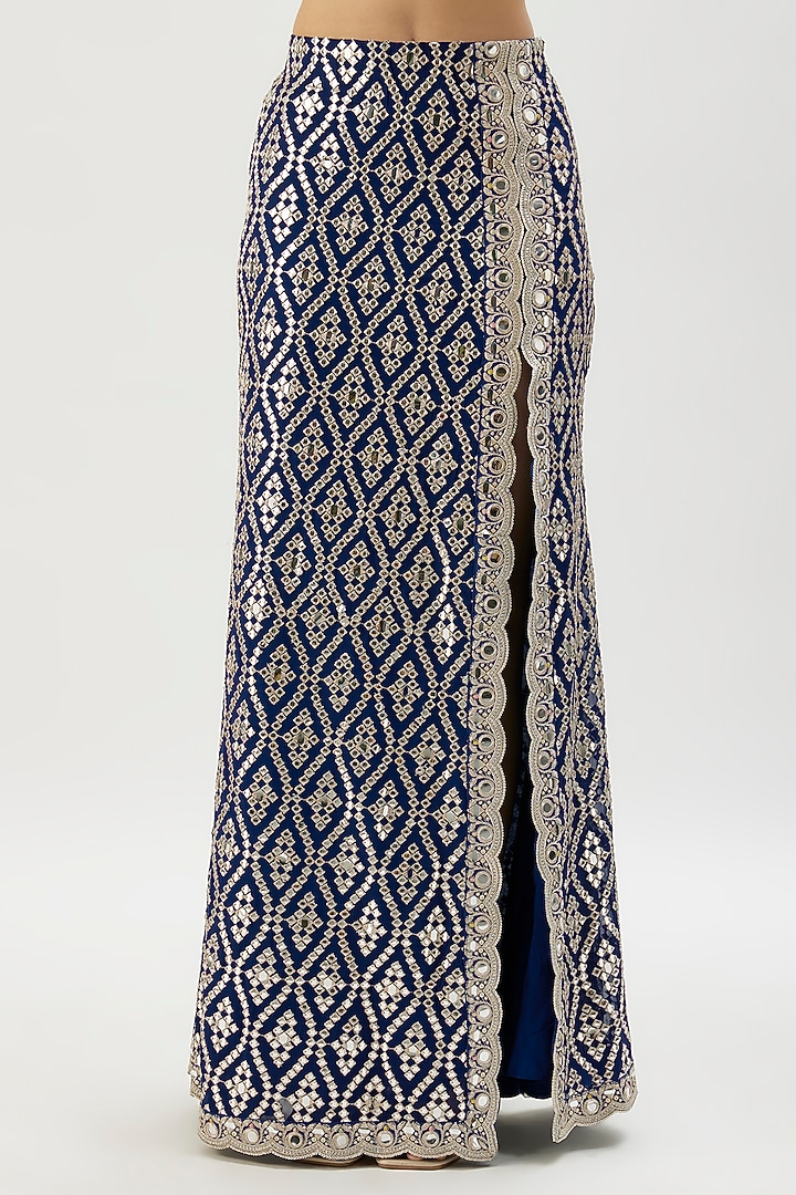 Blue Georgette Mirror Embroidered Slit Skirt Set by Gopi Vaid at Pernia's Pop Up Shop