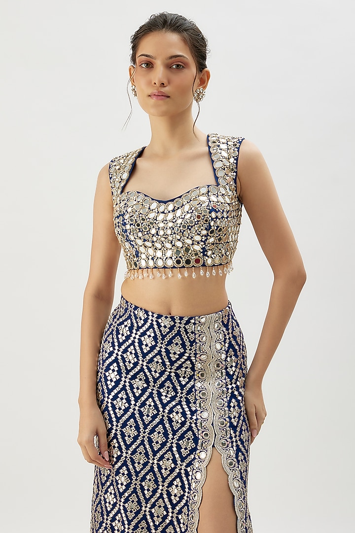 Blue Georgette Mirror Embroidered Slit Skirt Set by Gopi Vaid at Pernia's Pop Up Shop