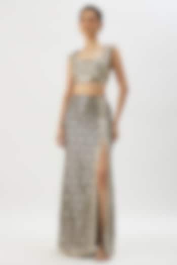 Black Georgette Mirror Embroidered Slit Skirt Set by Gopi Vaid at Pernia's Pop Up Shop