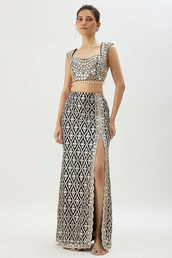 Black Georgette Mirror Embroidered Slit Skirt Set by Gopi Vaid at Pernia's Pop Up Shop