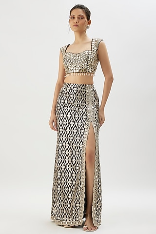 Black Georgette Mirror Embroidered Slit Skirt Set by Gopi Vaid