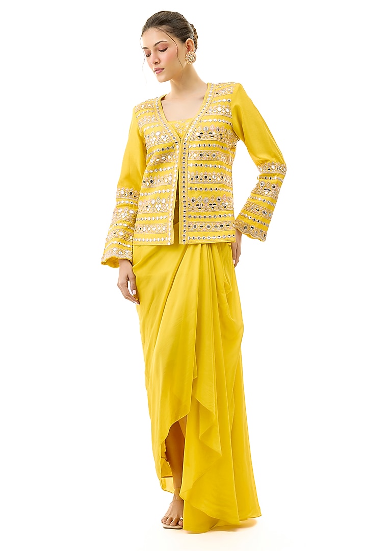 Yellow Crepe Draped Skirt Set by GOPI VAID at Pernia's Pop Up Shop