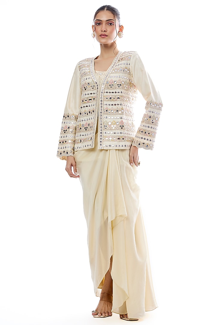 Ivory Crepe Draped Skirt Set by GOPI VAID at Pernia's Pop Up Shop